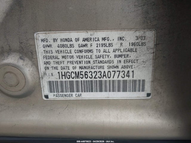 Aukcja sprzedaży 2003 Honda Accord 2.4 Lx, vin: 1HGCM56323A077341, numer aukcji: 44970023