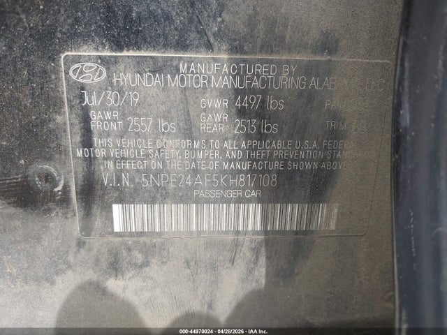 44970024 :رقم المزاد ، 5NPE24AF5KH817108 vin ، 2019 Hyundai Sonata Se مزاد بيع