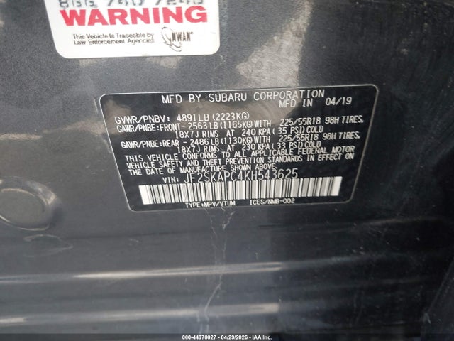 Auction sale of the 2019 Subaru Forester Sport, vin: JF2SKAPC4KH543625, lot number: 44970027