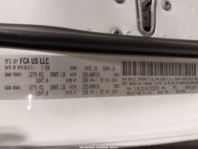44970045 :رقم المزاد ، 1C4PJMLX5LD593752 vin ، 2020 Jeep Cherokee Altitude 4x4 مزاد بيع