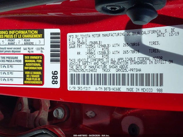 44970053 :رقم المزاد ، 3TMAZ5CN5LM124832 vin ، 2020 Toyota Tacoma Trd Off-road مزاد بيع