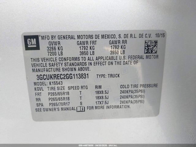 Aukcja sprzedaży 2016 Chevrolet Silverado 1500 2lt, vin: 3GCUKREC2GG113831, numer aukcji: 44970058