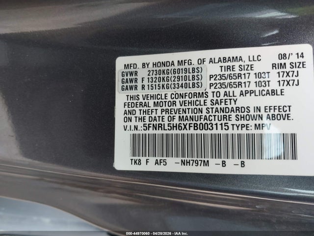 2015 Honda Odyssey Ex-l მანქანა იყიდება აუქციონზე, vin: 5FNRL5H6XFB003115, აუქციონის ნომერი: 44970060