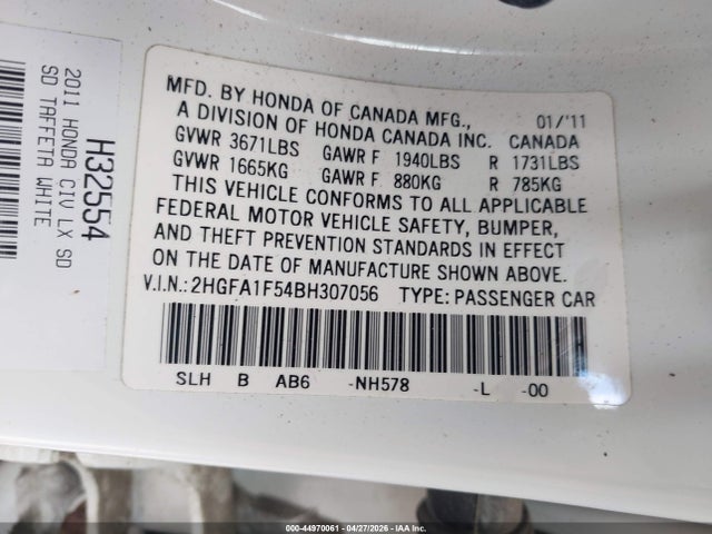 Продажа на аукционе авто 2011 Honda Civic Lx, vin: 2HGFA1F54BH307056, номер лота: 44970061