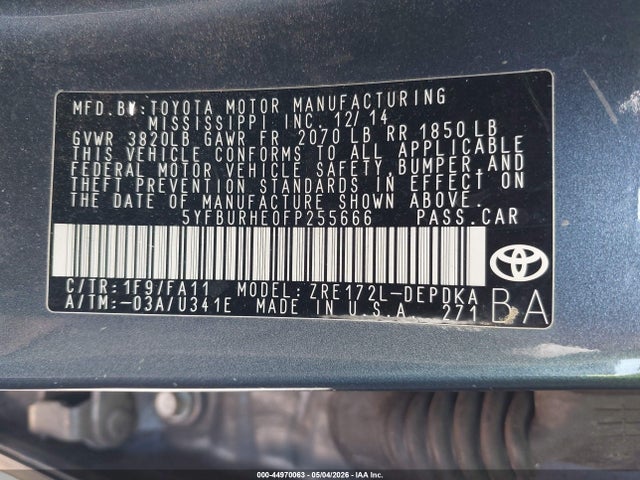 2015 Toyota Corolla L მანქანა იყიდება აუქციონზე, vin: 5YFBURHE0FP255666, აუქციონის ნომერი: 44970063