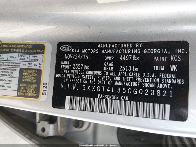 Aukcja sprzedaży 2016 Kia Optima Lx, vin: 5XXGT4L35GG023821, numer aukcji: 44970070