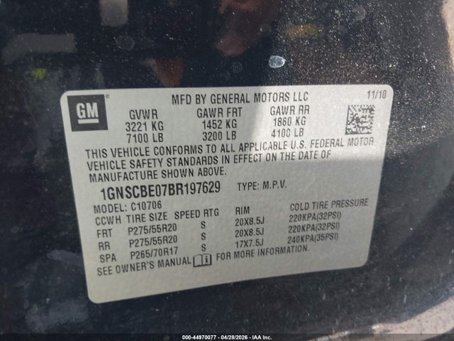 44970077 :رقم المزاد ، 1GNSCBE07BR197629 vin ، 2011 Chevrolet Tahoe Lt مزاد بيع