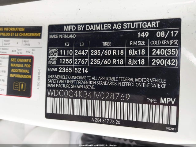 Aukcja sprzedaży 2018 Mercedes-benz Glc 300 4matic, vin: WDC0G4KB4JV028769, numer aukcji: 44970080