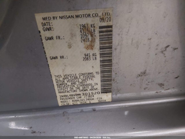 44970083 :رقم المزاد ، 1N4BL4BV8MN301520 vin ، 2021 Nissan Altima S Fwd مزاد بيع