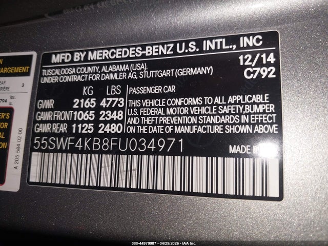 2015 Mercedes-benz C 300 4matic მანქანა იყიდება აუქციონზე, vin: 55SWF4KB8FU034971, აუქციონის ნომერი: 44970087