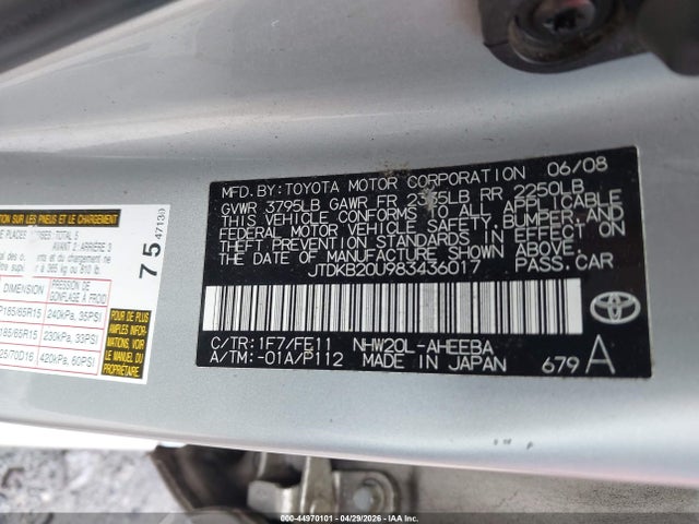 Aukcja sprzedaży 2008 Toyota Prius, vin: JTDKB20U983436017, numer aukcji: 44970101