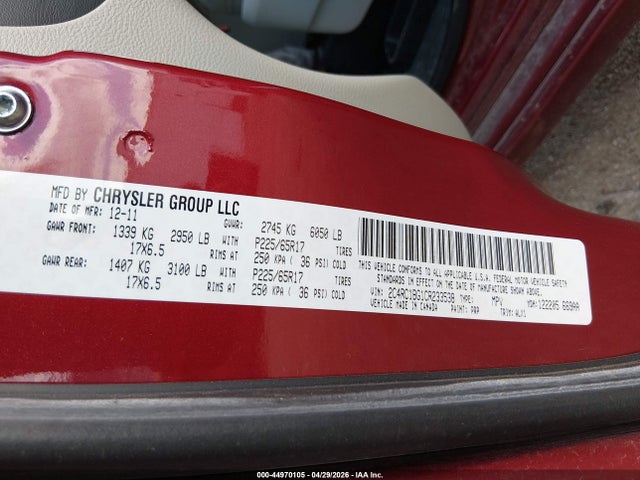 Продаж на аукціоні авто 2012 Chrysler Town & Country Touring, vin: 2C4RC1BG1CR233538, номер лоту: 44970105