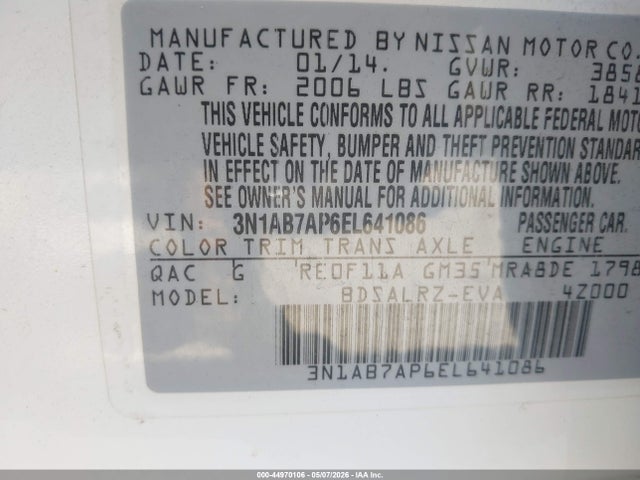 44970106 :رقم المزاد ، 3N1AB7AP6EL641086 vin ، 2014 Nissan Sentra Sr مزاد بيع
