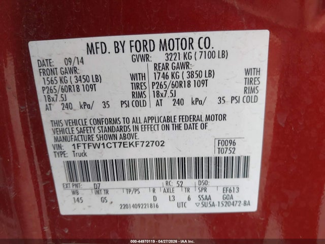 Ford F-150 Xlt 2014 1FTFW1CT7EKF72702 Image 9