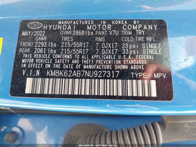 Aukcja sprzedaży 2022 Hyundai Kona Sel, vin: KM8K62AB7NU927317, numer aukcji: 44970135
