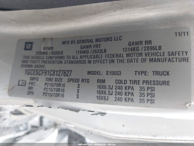 44970137 :رقم المزاد ، 1GCESCF91C8127627 vin ، 2012 Chevrolet Colorado 1lt مزاد بيع