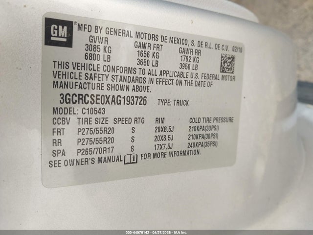 2010 Chevrolet Silverado 1500 Lt მანქანა იყიდება აუქციონზე, vin: 3GCRCSE0XAG193726, აუქციონის ნომერი: 44970142