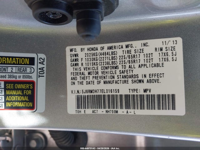 44970143 :رقم المزاد ، 5J6RM3H77EL016159 vin ، 2014 Honda Cr-v Ex-l مزاد بيع