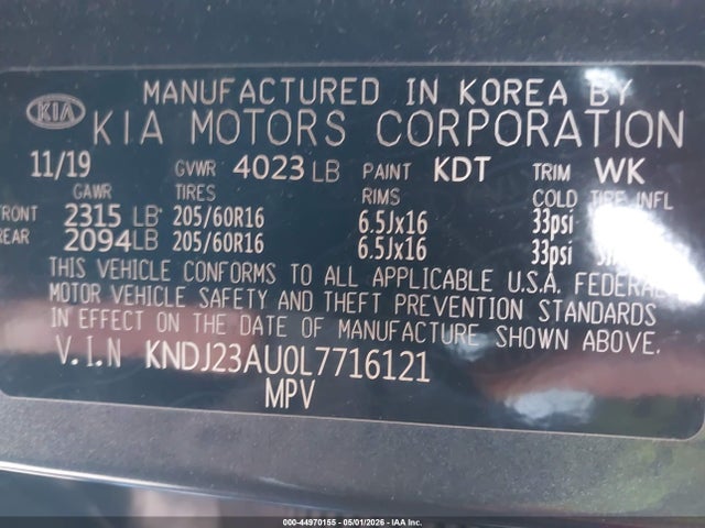 44970155 :رقم المزاد ، KNDJ23AU0L7716121 vin ، 2020 Kia Soul Lx مزاد بيع