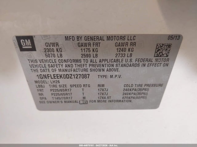 44970161 :رقم المزاد ، 1GNFLEEK0DZ127087 vin ، 2013 Chevrolet Equinox 1lt مزاد بيع
