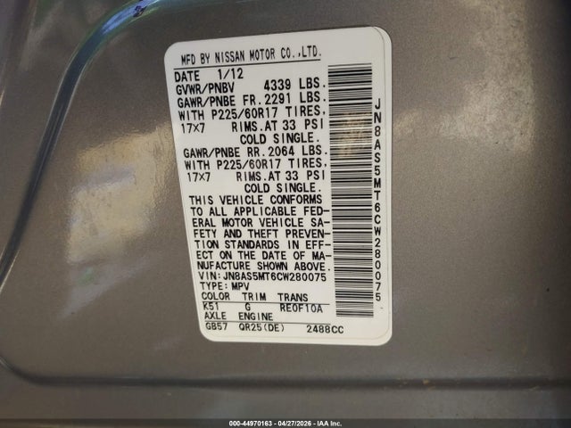 44970163 :رقم المزاد ، JN8AS5MT6CW280075 vin ، 2012 Nissan Rogue Sv مزاد بيع