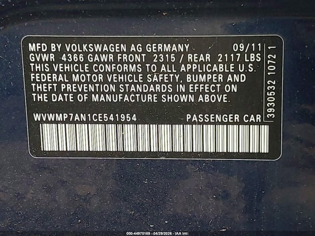 2012 Volkswagen Cc Sport მანქანა იყიდება აუქციონზე, vin: WVWMP7AN1CE541954, აუქციონის ნომერი: 44970169