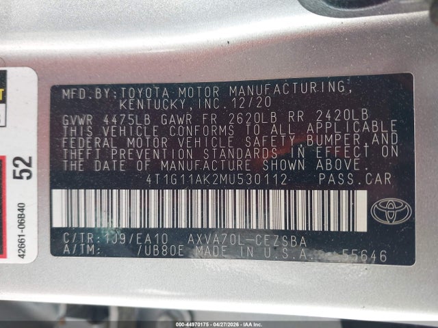 Aukcja sprzedaży 2021 Toyota Camry Se, vin: 4T1G11AK2MU530112, numer aukcji: 44970175