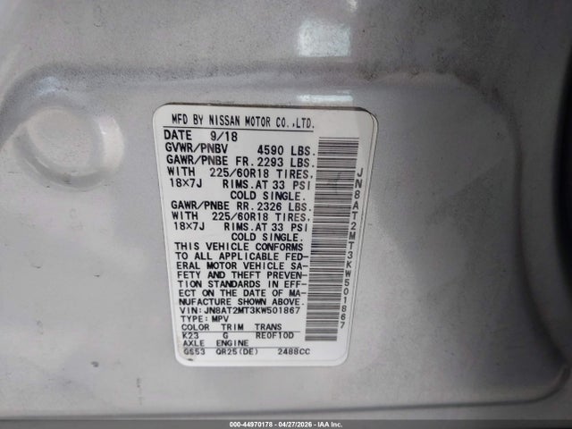 44970178 :رقم المزاد ، JN8AT2MT3KW501867 vin ، 2019 Nissan Rogue Sv مزاد بيع