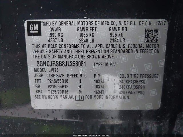2018 Chevrolet Trax Premier მანქანა იყიდება აუქციონზე, vin: 3GNCJRSB8JL258081, აუქციონის ნომერი: 44970187
