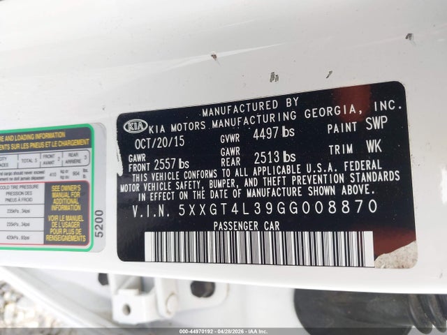 44970192 :رقم المزاد ، 5XXGT4L39GG008870 vin ، 2016 Kia Optima Lx مزاد بيع