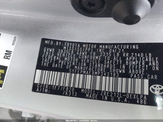 Продаж на аукціоні авто 2021 Toyota Corolla Le, vin: 5YFEPMAEXMP243183, номер лоту: 44970211