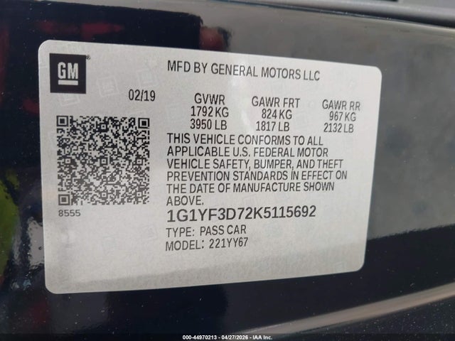 44970213 :رقم المزاد ، 1G1YF3D72K5115692 vin ، 2019 Chevrolet Corvette Stingray مزاد بيع