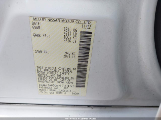 Продаж на аукціоні авто 2013 Nissan Altima 2.5 Sv, vin: 1N4AL3AP0DN473355, номер лоту: 44970214
