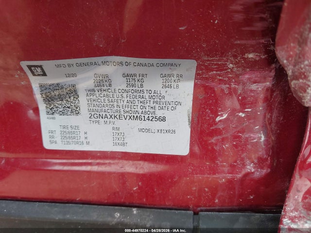 Продаж на аукціоні авто 2021 Chevrolet Equinox Fwd Lt, vin: 2GNAXKEVXM6142568, номер лоту: 44970224