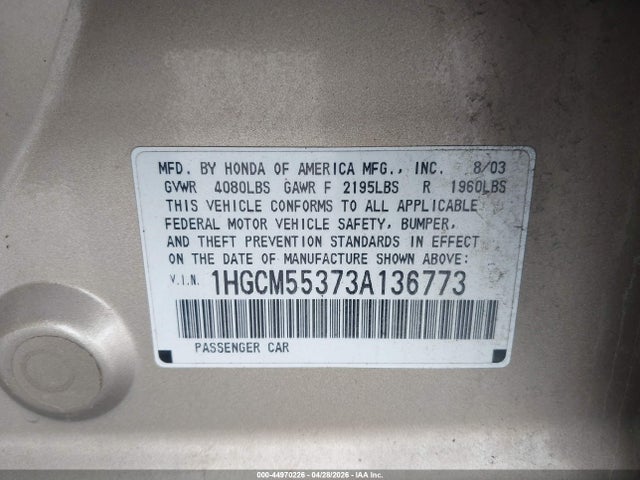 Aukcja sprzedaży 2003 Honda Accord 2.4 Lx, vin: 1HGCM55373A136773, numer aukcji: 44970226