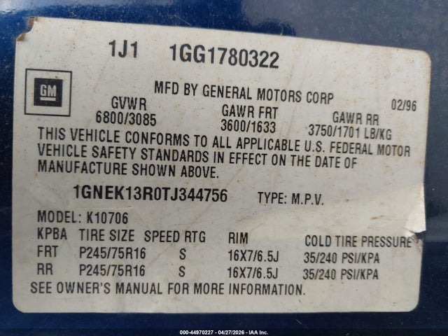 1996 Chevrolet Tahoe K1500 მანქანა იყიდება აუქციონზე, vin: 1GNEK13R0TJ344756, აუქციონის ნომერი: 44970227