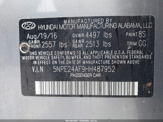 2017 Hyundai Sonata მანქანა იყიდება აუქციონზე, vin: 5NPE24AF9HH487952, აუქციონის ნომერი: 44970228