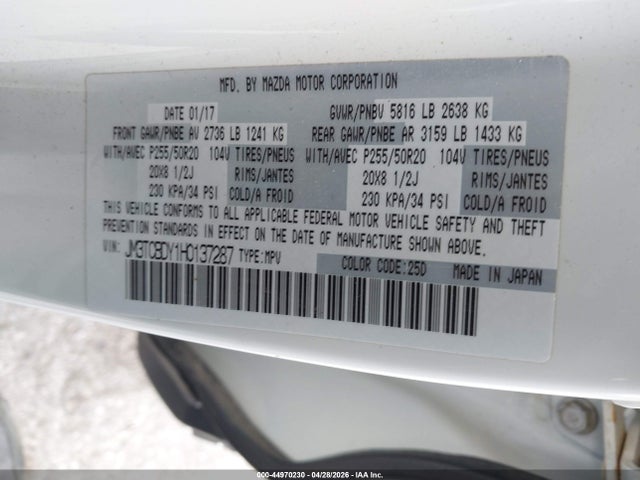 2017 Mazda Cx-9 Grand Touring მანქანა იყიდება აუქციონზე, vin: JM3TCBDY1H0137287, აუქციონის ნომერი: 44970230