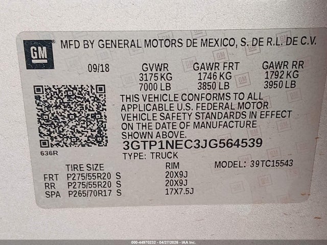 Продаж на аукціоні авто 2018 Gmc Sierra 1500 Slt, vin: 3GTP1NEC3JG564539, номер лоту: 44970232