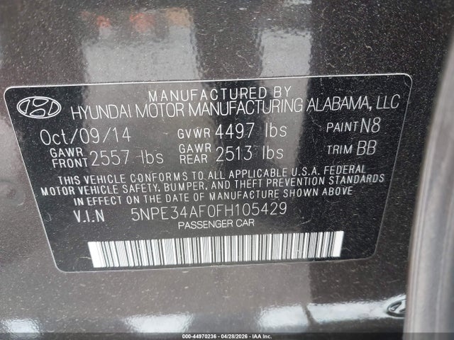 44970236 :رقم المزاد ، 5NPE34AF0FH105429 vin ، 2015 Hyundai Sonata Limited مزاد بيع