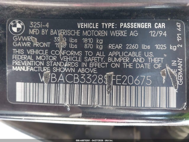 44970261 :رقم المزاد ، WBACB3328SFE20675 vin ، 1995 Bmw 325 I مزاد بيع