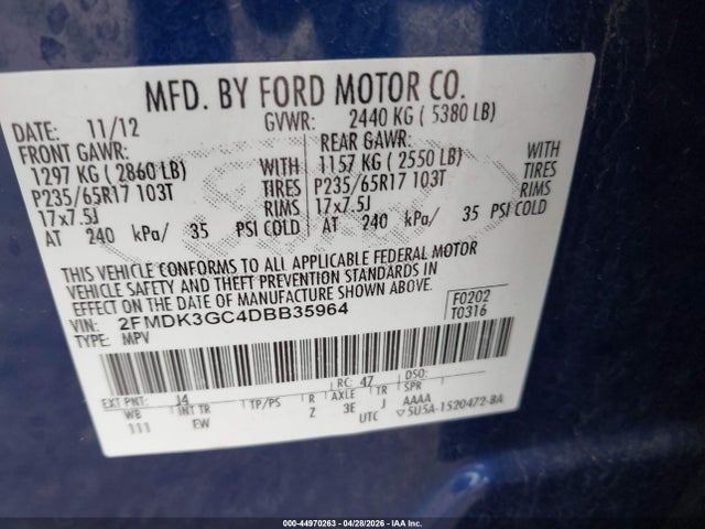 44970263 :رقم المزاد ، 2FMDK3GC4DBB35964 vin ، 2013 Ford Edge Se مزاد بيع