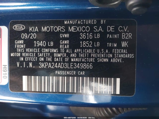 2020 Kia Rio S მანქანა იყიდება აუქციონზე, vin: 3KPA24AD3LE349866, აუქციონის ნომერი: 44970268