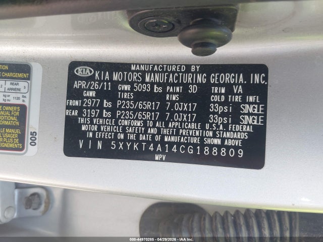 Продажа на аукционе авто 2012 Kia Sorento Lx, vin: 5XYKT4A14CG188809, номер лота: 44970285