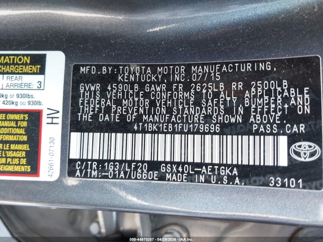 4T1BK1EB1FU179696 Toyota Avalon Xle Premium