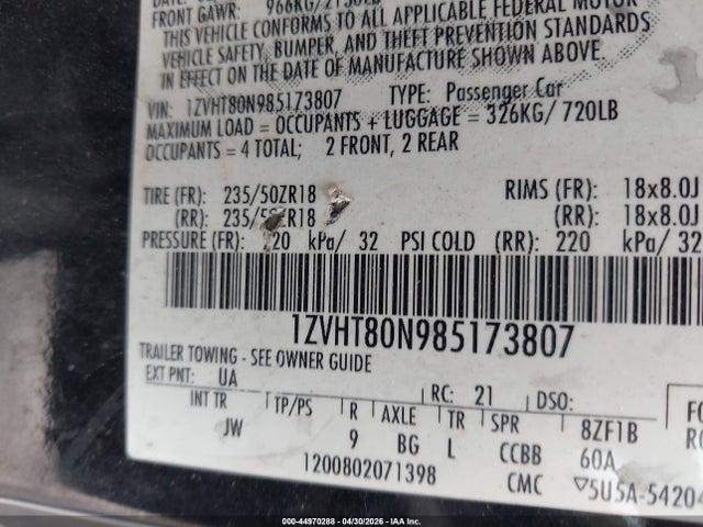 Aukcja sprzedaży 2008 Ford Mustang V6 Deluxe/v6 Premium, vin: 1ZVHT80N985173807, numer aukcji: 44970288