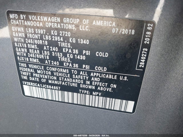 44970289 :رقم المزاد ، 1V2KR2CA1JC584857 vin ، 2018 Volkswagen Atlas 3.6l V6 Se مزاد بيع