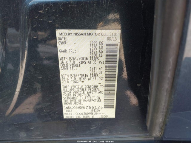 1N6AD0ER0FN766125 Nissan Frontier Sv