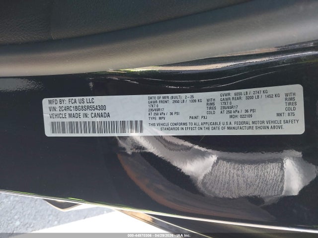 Aukcja sprzedaży 2025 Chrysler Pacifica Select, vin: 2C4RC1BG8SR554300, numer aukcji: 44970306