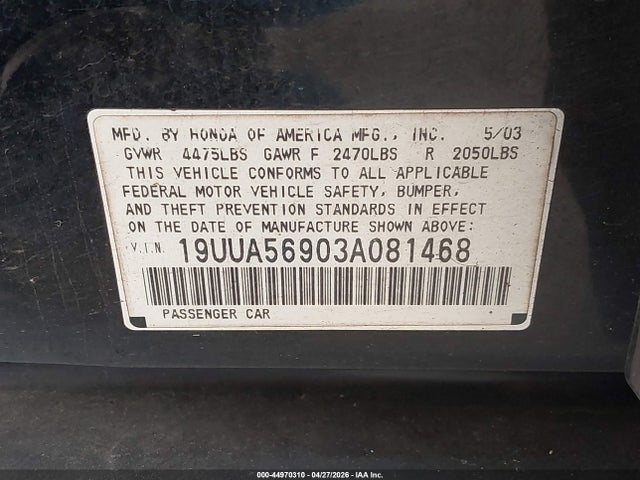 2003 Acura Tl 3.2 Type S მანქანა იყიდება აუქციონზე, vin: 19UUA56903A081468, აუქციონის ნომერი: 44970310